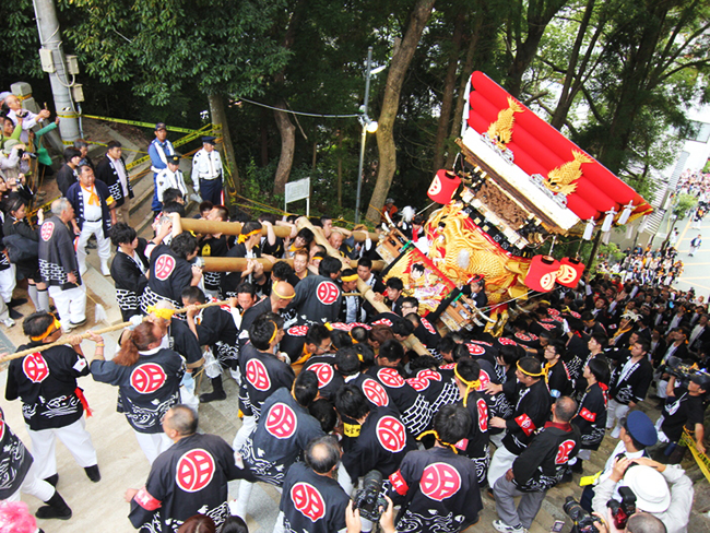 85段の急な石段を登っての宮入りは迫力満点 大宮八幡宮 秋祭り